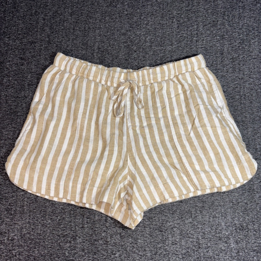 Universal Thread Linen Blend Striped Shorts Elastic w/ Drawstring Tan & White L